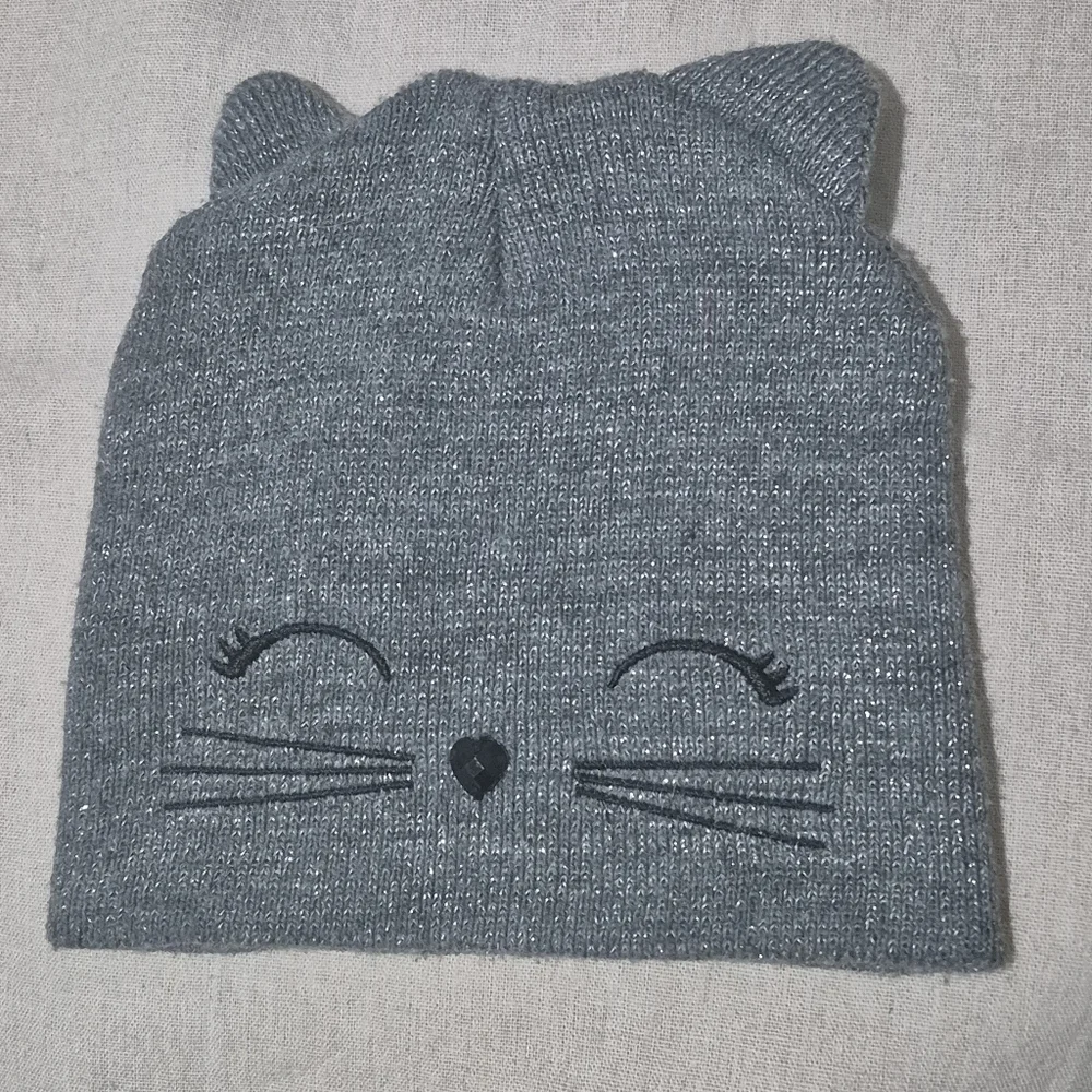Justice Girls Metallic Kitty Cat Face Ears Beanie Knit Winter Hat